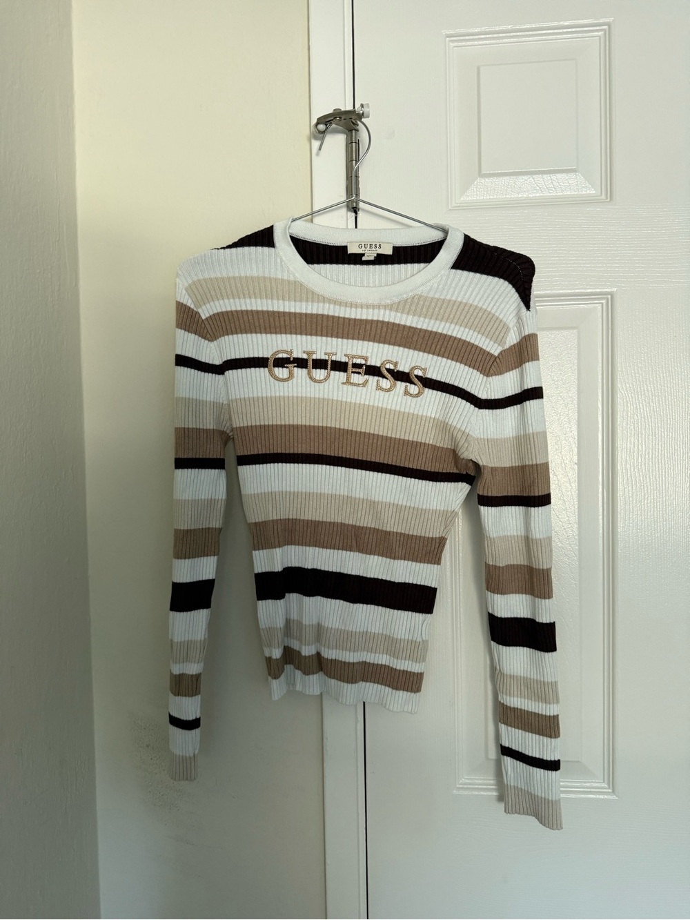 GUESS Cream, Tan & Black Striped Ribbed Logo Sweater